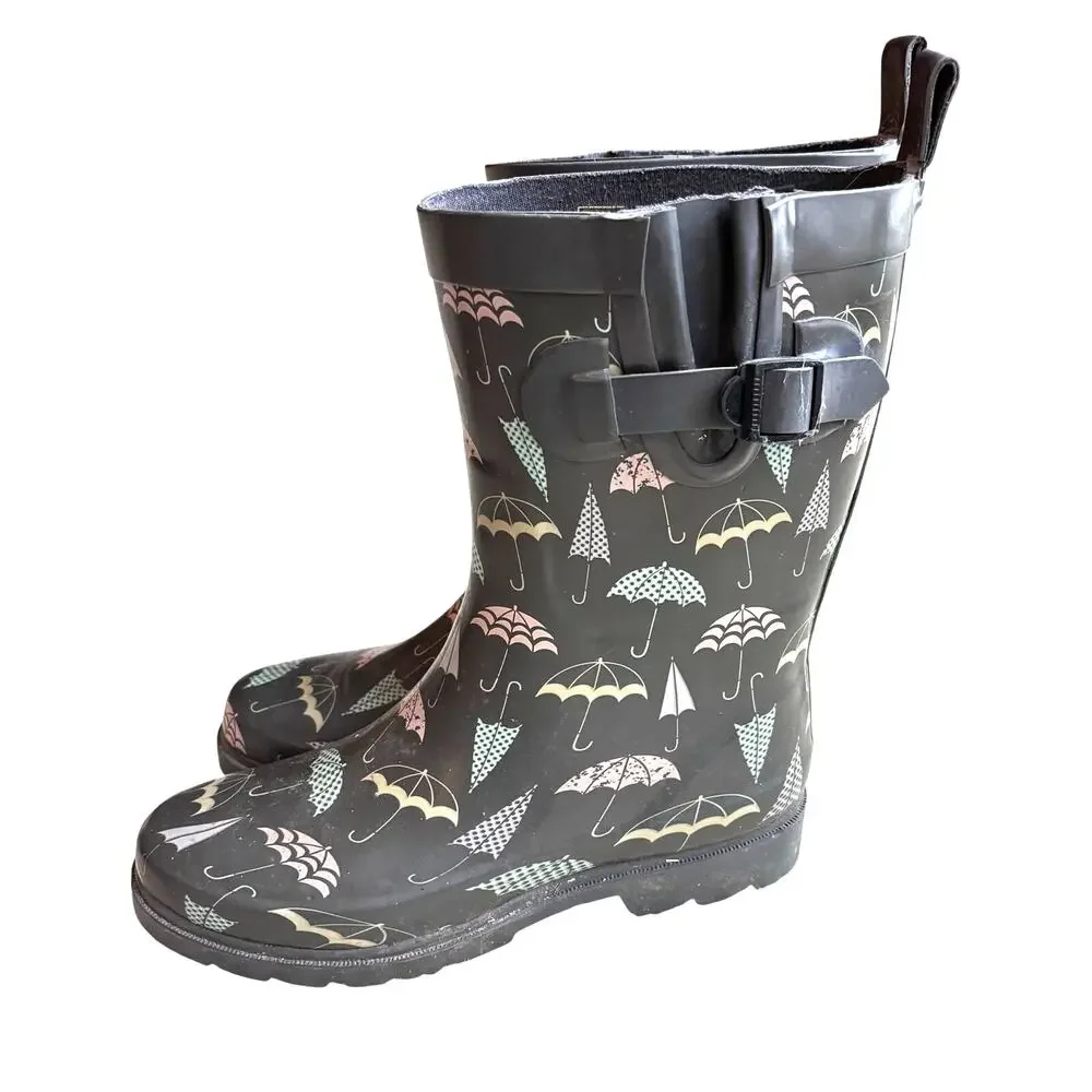 Capelli rubber rain boots ladies US 8M gray & pastel umbrellas mid calf shaft